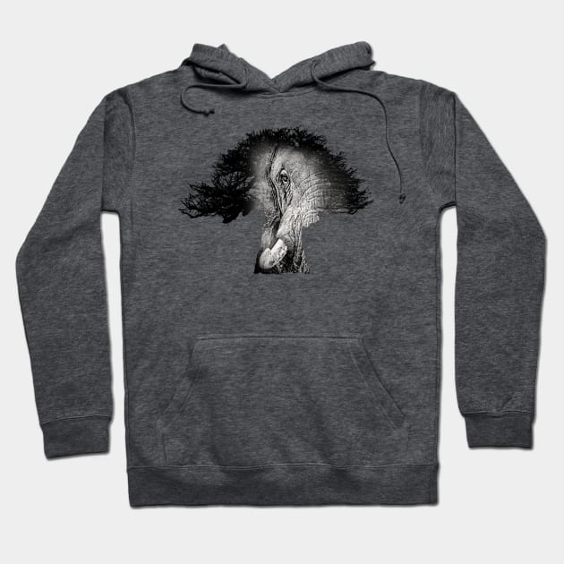 Baobab in Silhouette with Elephant Face Overlay Hoodie by scotch